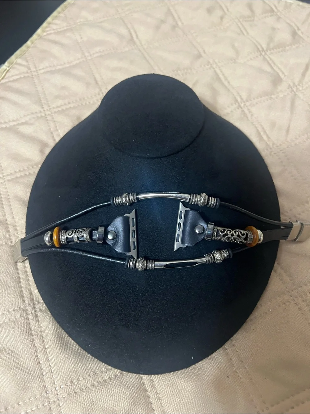 Women’s Black Leather Braided Apple Watch Bracelet with Silver Accents